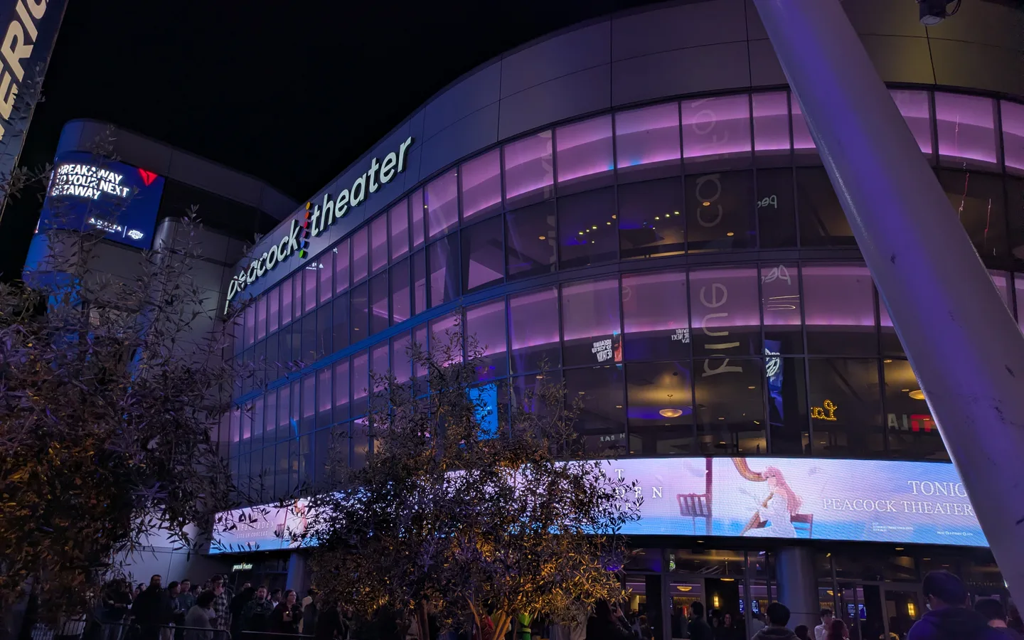 The Peacock Theater in Los Angeles lit at night