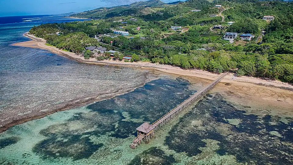 Aerial view of a jetty and coral coastline in Viti Levu, Fiji